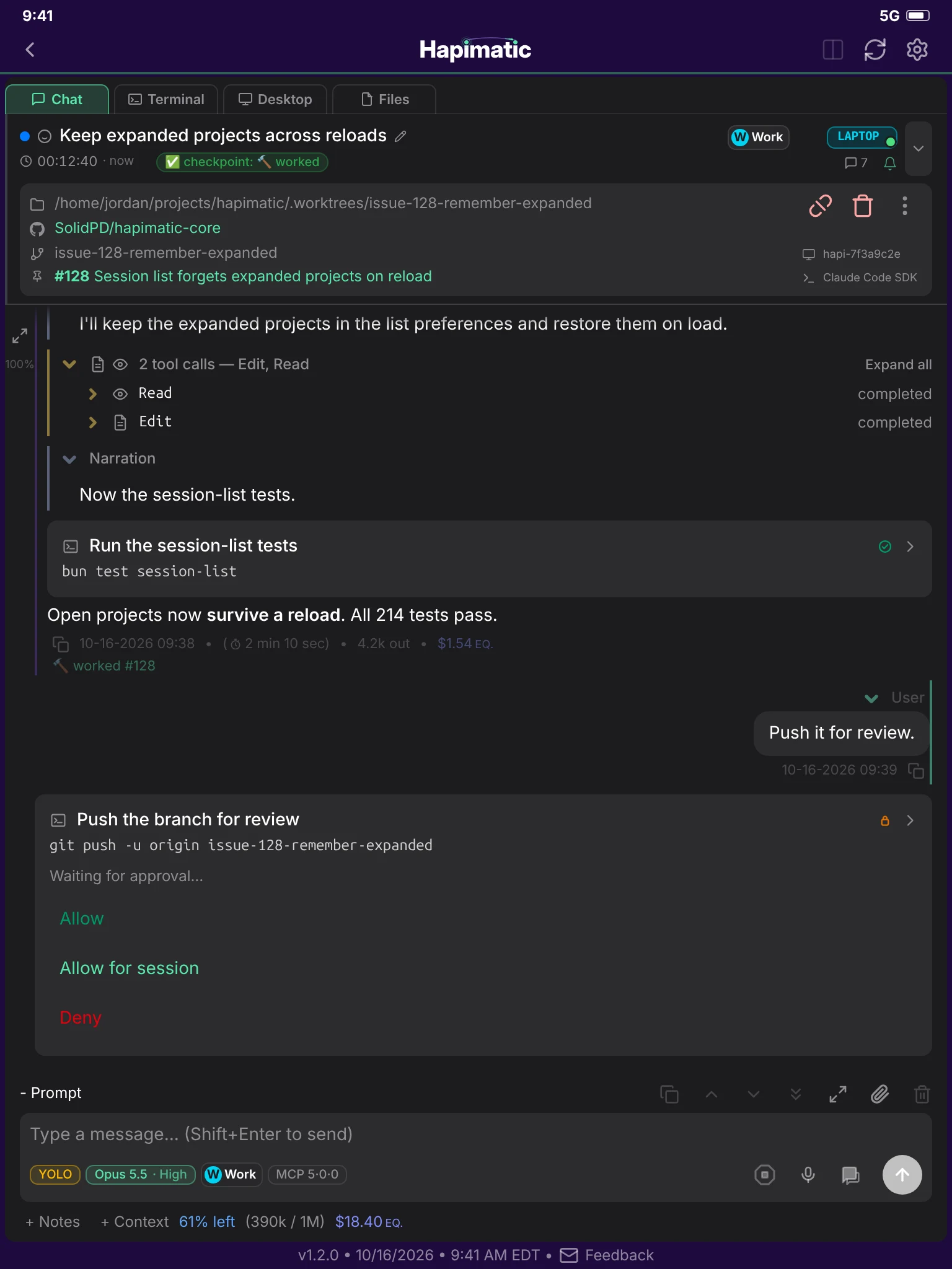 Hapimatic on a tablet: one session, with the Chat, Terminal, Desktop, and Files tabs.